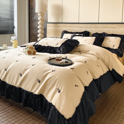 2025新款13376喷气纯棉全棉花边刺绣四件套-玫瑰 玫瑰-香槟