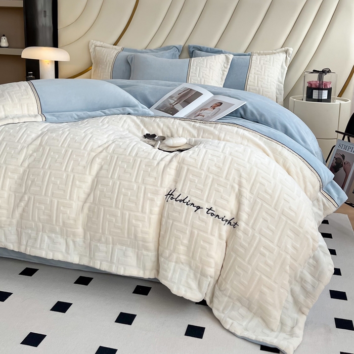 91家纺网 家纺一手货源 找家纺 （总）2024秋冬新款时尚宽边立体剪花刺绣加厚牛奶绒四件套-赫莲娜系列