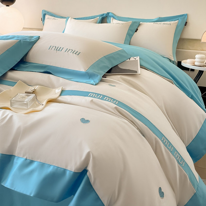 91家纺网 家纺一手货源 找家纺  2024新款A类母婴级100支长绒棉四件套全棉纯棉轻奢拼接刺绣床单床笠款高端床上用品 风铃蓝