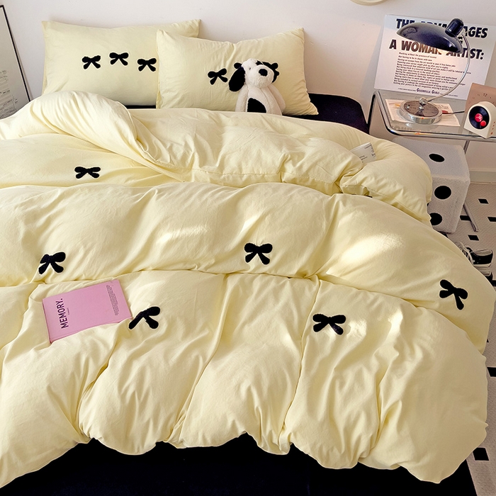 91家纺网 家纺一手货源 找家纺 森璐家纺 2024新款1水洗棉毛巾绣四件套蝴蝶结学生宿舍三件套（含买家秀） 蝴蝶结-黄黑