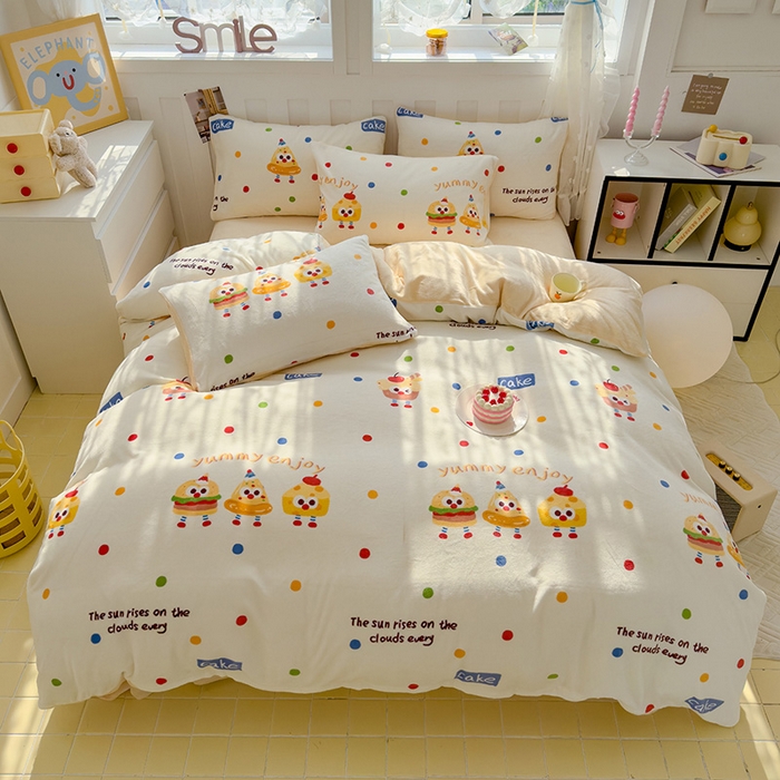 91家纺网 家纺一手货源 找家纺 枋梢家纺 2024新款加厚牛奶绒印花四件套 蛋糕小人