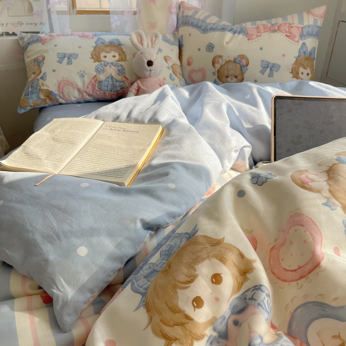 91家纺网 家纺一手货源 找家纺 六巷胡同 2024新款40支全棉纯棉INS洛丽塔卡通甜美少女心系列四件套 甜心公主熊