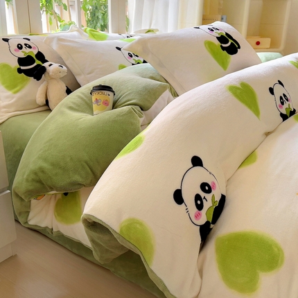 丝羽坊 2024新款加厚小清新牛奶绒印花四件套单被套床笠四件套-场景二 幸运熊猫