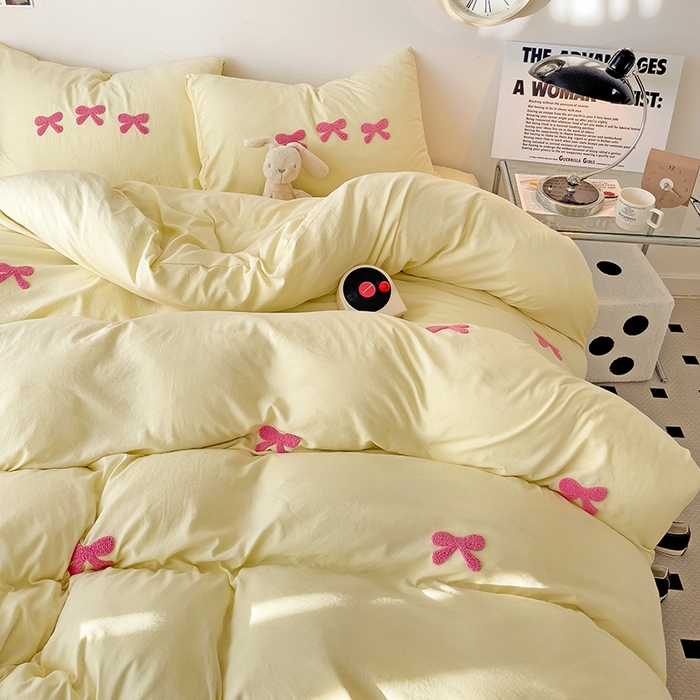 91家纺网 家纺一手货源 找家纺 森璐家纺 2024新款1水洗棉毛巾绣四件套蝴蝶结学生宿舍三件套（含买家秀） 蝴蝶结-黄玫