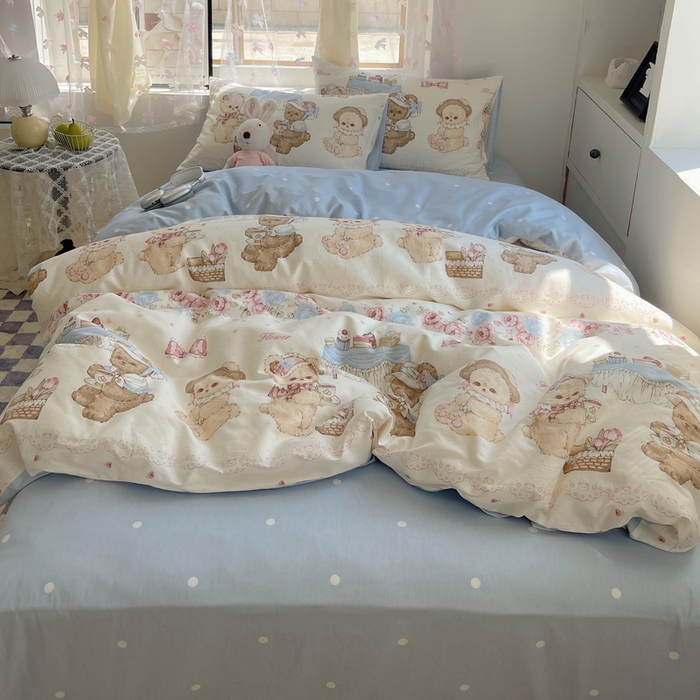 91家纺网 家纺一手货源 找家纺 六巷胡同 2024新款40支全棉纯棉INS洛丽塔卡通甜美少女心系列四件套 聚会萝莉熊