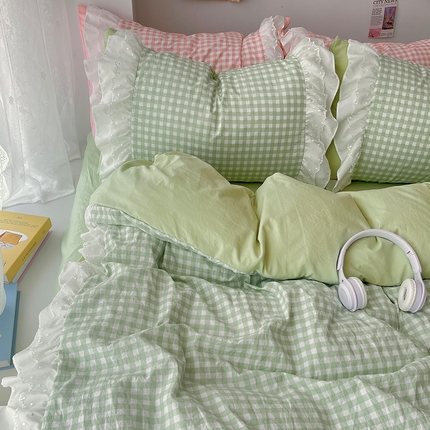 91家纺网 家纺一手货源 找家纺 山茶 2024新款格子水洗棉花边款四件套 格子绿