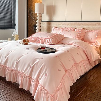 2025新款13376喷气纯棉全棉花边刺绣四件套-玫瑰 玫瑰-玉色