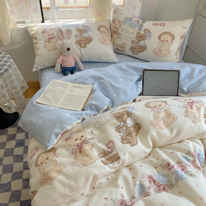 91家纺网 家纺一手货源 找家纺 六巷胡同 2024新款40支全棉纯棉INS洛丽塔卡通甜美少女心系列四件套 聚会萝莉熊