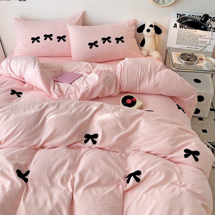 91家纺网 家纺一手货源 找家纺 森璐家纺 2024新款1水洗棉毛巾绣四件套蝴蝶结学生宿舍三件套（含买家秀） 蝴蝶结-粉色