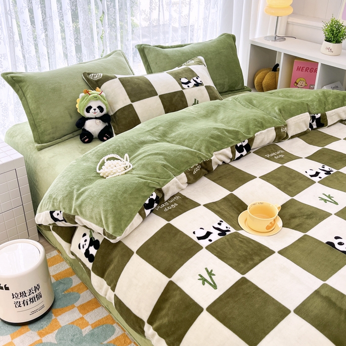 91家纺网 家纺一手货源 找家纺 青螺家纺 2024加厚高克重保暖爆款小清新牛奶绒印花双面绒单被套 休闲熊猫