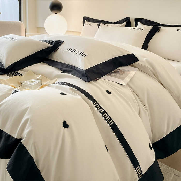 91家纺网 家纺一手货源 找家纺  2024新款A类母婴级100支长绒棉四件套全棉纯棉轻奢拼接刺绣床单床笠款高端床上用品 深邃黑