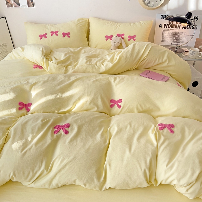 91家纺网 家纺一手货源 找家纺 森璐家纺 2024新款1水洗棉毛巾绣四件套蝴蝶结学生宿舍三件套（含买家秀） 蝴蝶结-黄玫