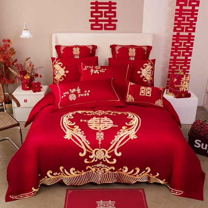 千禧家纺 2024新款双面长绒棉磨毛加厚保暖绣花婚庆套件 欢乐喜事