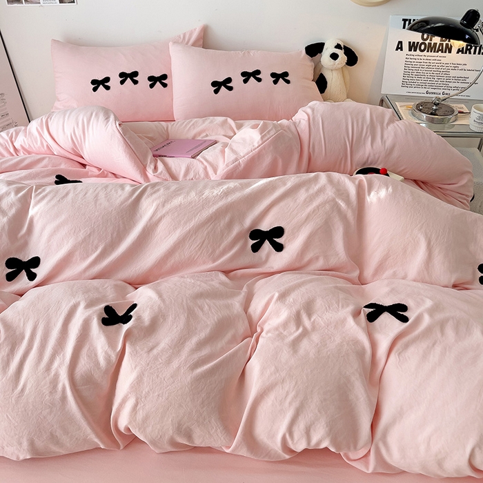 91家纺网 家纺一手货源 找家纺 森璐家纺 2024新款1水洗棉毛巾绣四件套蝴蝶结学生宿舍三件套（含买家秀） 蝴蝶结-粉色