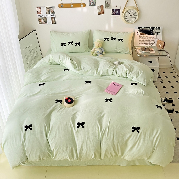 91家纺网 家纺一手货源 找家纺 森璐家纺 2024新款1水洗棉毛巾绣四件套蝴蝶结学生宿舍三件套（含买家秀） 蝴蝶结-藻绿