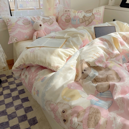 六巷胡同 2024新款40支全棉纯棉INS洛丽塔卡通甜美少女心系列四件套 气球蛋糕熊
