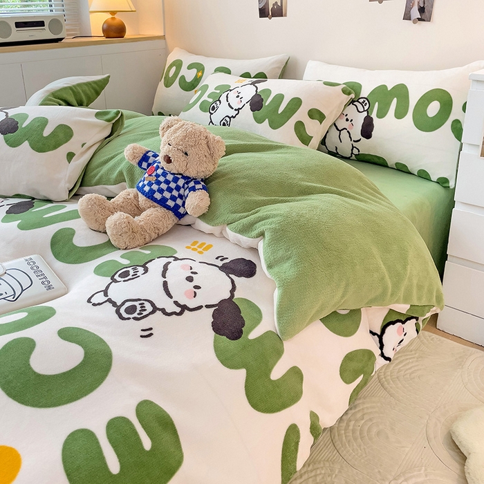 91家纺网 家纺一手货源 找家纺 西引力 2024新款加厚小清新牛奶绒四件套床单款床笠款单被套爆款 欢乐萌宠