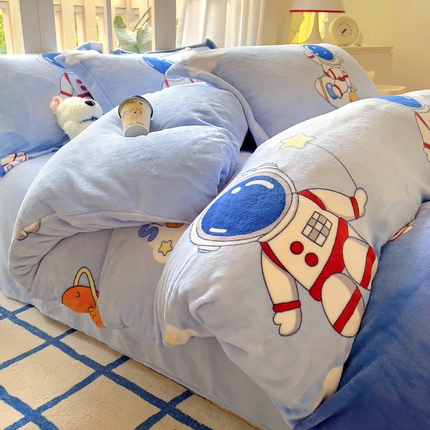 丝羽坊 2024新款加厚小清新牛奶绒印花四件套单被套床笠四件套-场景二 太空漫步