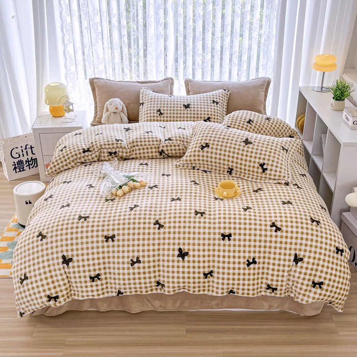 91家纺网 家纺一手货源 找家纺 青螺家纺 2024加厚高克重保暖爆款小清新牛奶绒印花双面绒单被套 蝴蝶结咖