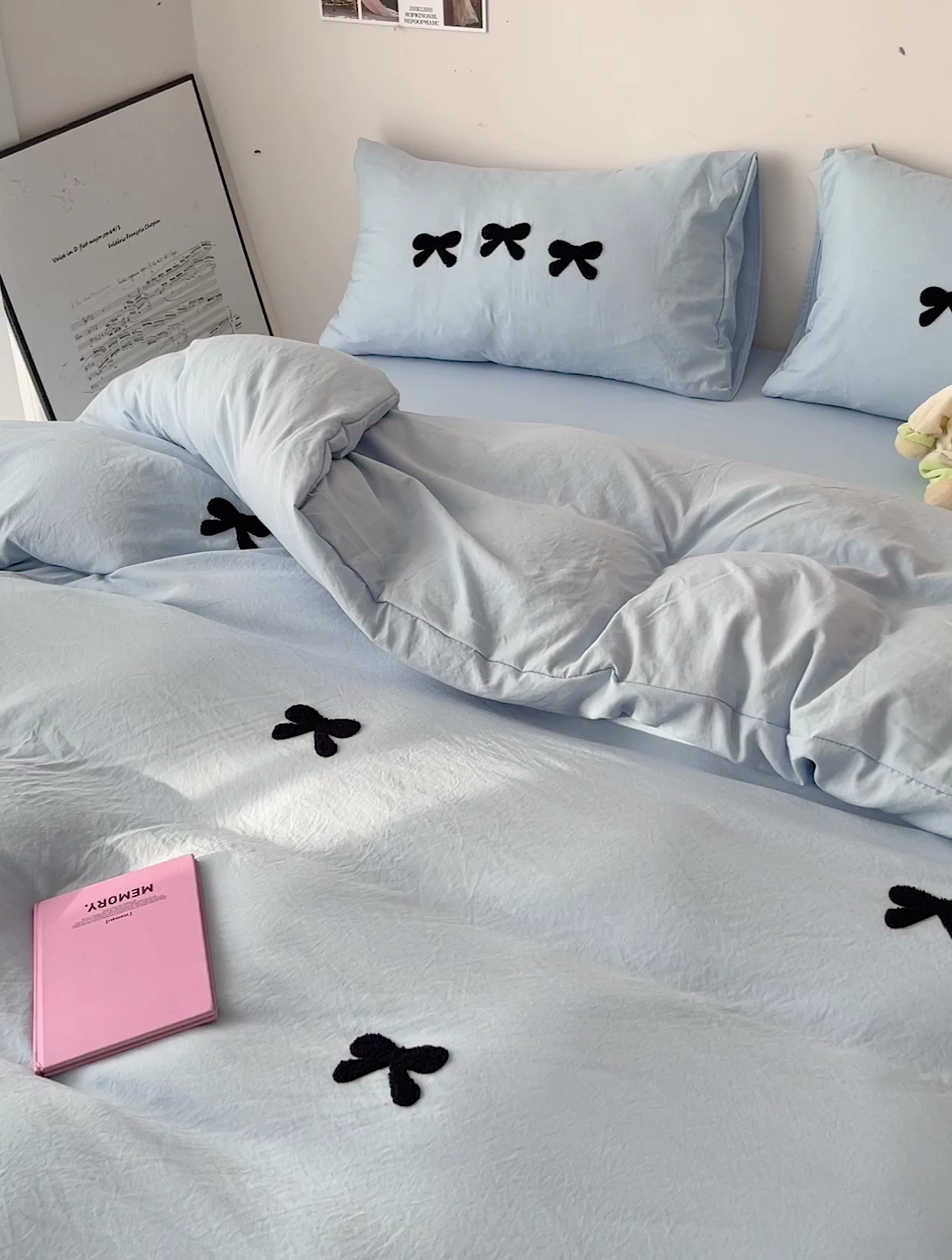 91家纺网 家纺一手货源 找家纺 森璐家纺 2024新款1水洗棉毛巾绣四件套蝴蝶结学生宿舍三件套（含买家秀） 蝴蝶结-蓝色