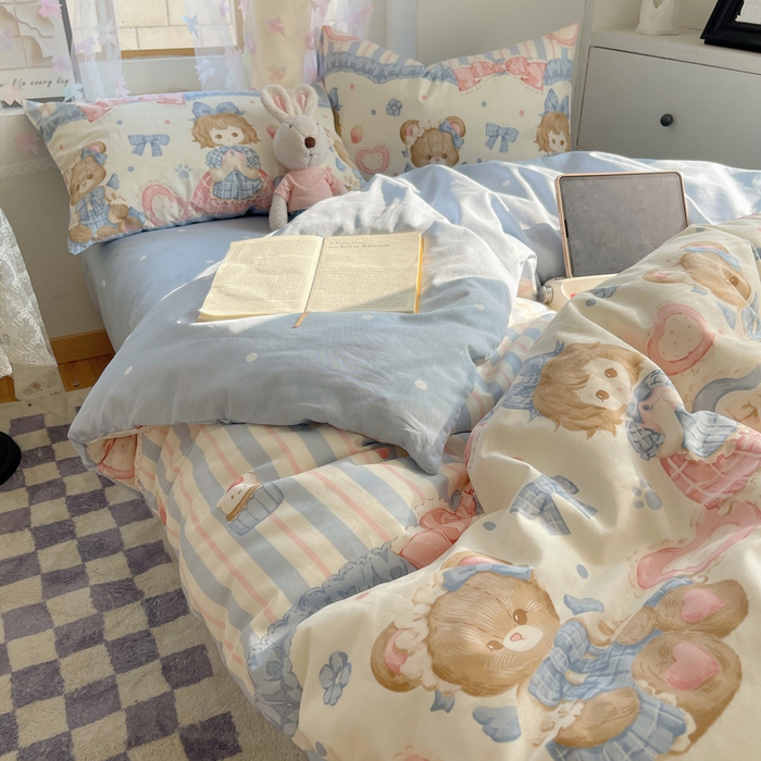 91家纺网 家纺一手货源 找家纺 六巷胡同 2024新款40支全棉纯棉INS洛丽塔卡通甜美少女心系列四件套 甜心公主熊