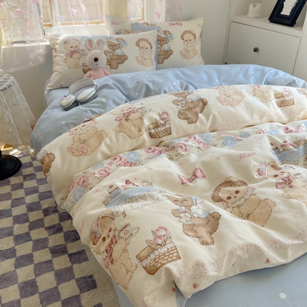 六巷胡同 2024新款40支全棉纯棉INS洛丽塔卡通甜美少女心系列四件套 聚会萝莉熊