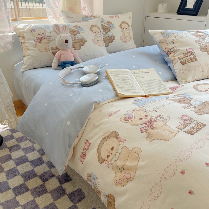 91家纺网 家纺一手货源 找家纺 六巷胡同 2024新款40支全棉纯棉INS洛丽塔卡通甜美少女心系列四件套 聚会萝莉熊