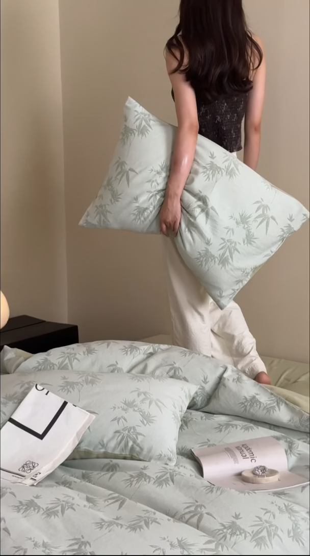 91家纺网 家纺一手货源 找家纺 梦享生活家居 2024新款全棉A类色织大提花四件套 提花竹韵绿