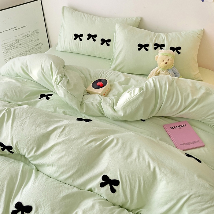 91家纺网 家纺一手货源 找家纺 森璐家纺 2024新款1水洗棉毛巾绣四件套蝴蝶结学生宿舍三件套（含买家秀） 蝴蝶结-藻绿