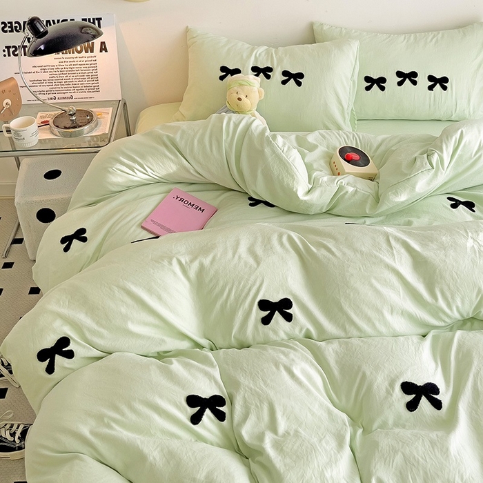 91家纺网 家纺一手货源 找家纺 森璐家纺 2024新款1水洗棉毛巾绣四件套蝴蝶结学生宿舍三件套（含买家秀） 蝴蝶结-藻绿