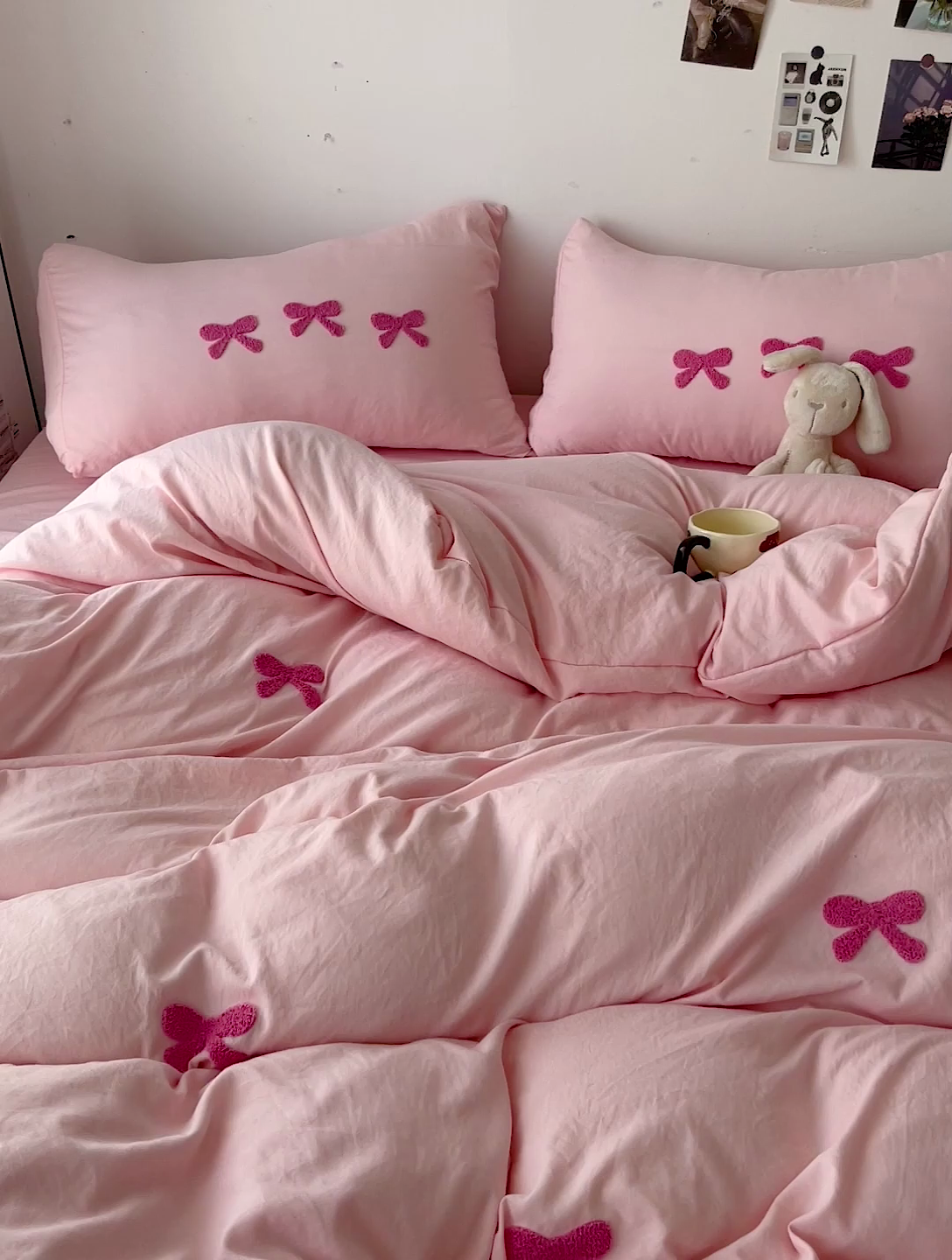 91家纺网 家纺一手货源 找家纺 森璐家纺 2024新款1水洗棉毛巾绣四件套蝴蝶结学生宿舍三件套（含买家秀） 蝴蝶结-粉玫