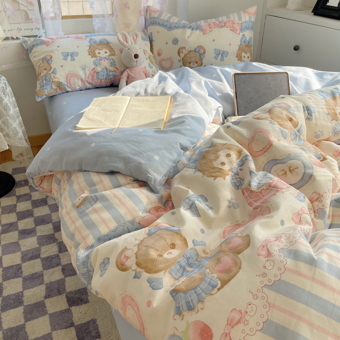 91家纺网 家纺一手货源 找家纺 六巷胡同 2024新款40支全棉纯棉INS洛丽塔卡通甜美少女心系列四件套 甜心公主熊