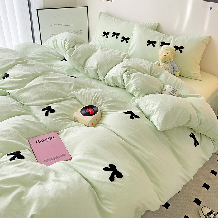 91家纺网 家纺一手货源 找家纺 森璐家纺 2024新款1水洗棉毛巾绣四件套蝴蝶结学生宿舍三件套（含买家秀） 蝴蝶结-藻绿