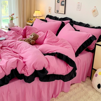 91家纺网 家纺一手货源 找家纺 （总）2024新款水洗棉知梦系列黑花边四件套