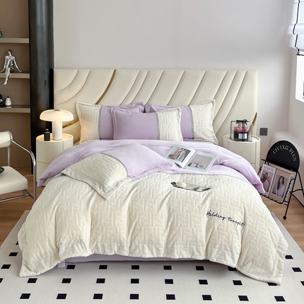 2024秋冬新款时尚宽边立体剪花刺绣加厚牛奶绒四件套-赫莲娜系列 赫莲娜浅紫