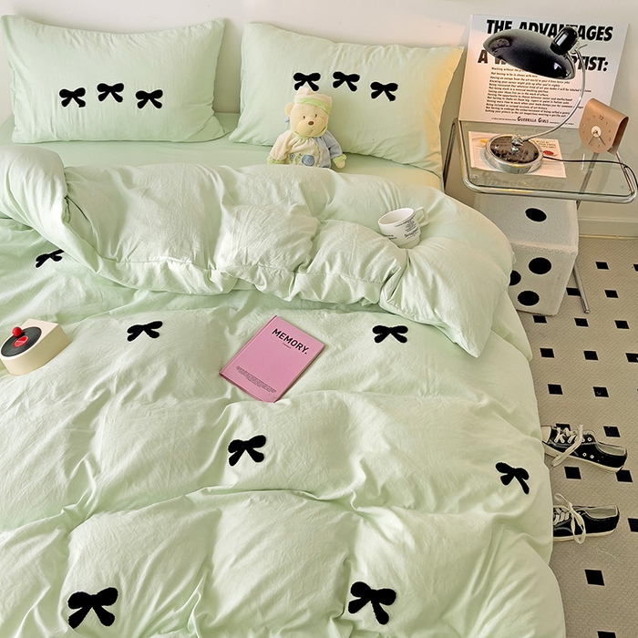 91家纺网 家纺一手货源 找家纺 森璐家纺 2024新款1水洗棉毛巾绣四件套蝴蝶结学生宿舍三件套（含买家秀） 蝴蝶结-藻绿