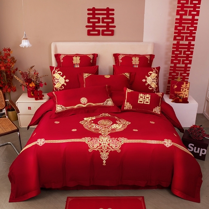 千禧家纺 2024新款双面长绒棉磨毛加厚保暖绣花婚庆套件 鸿运贺禧