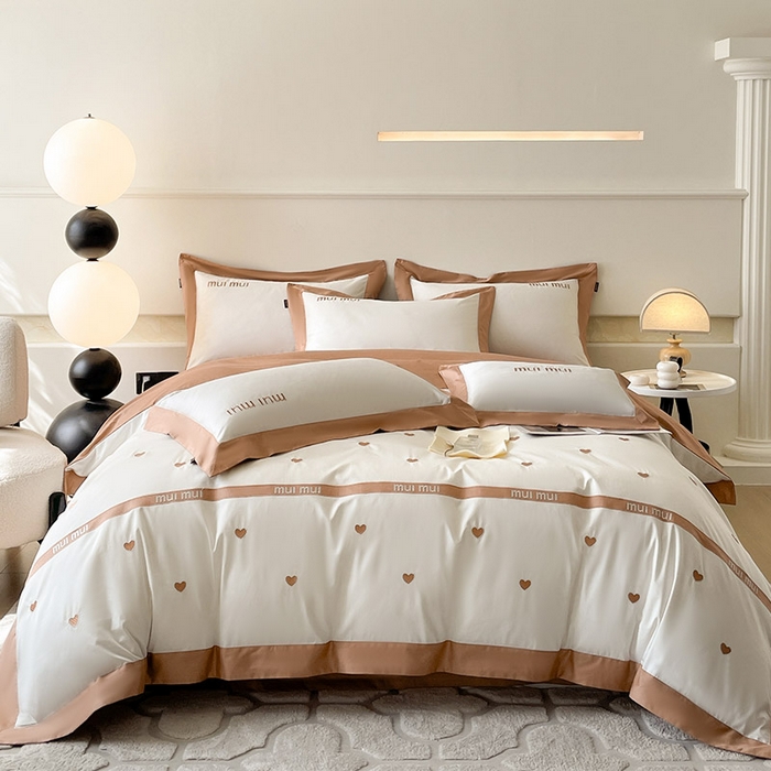 91家纺网 家纺一手货源 找家纺  2024新款A类母婴级100支长绒棉四件套全棉纯棉轻奢拼接刺绣床单床笠款高端床上用品 可卡棕