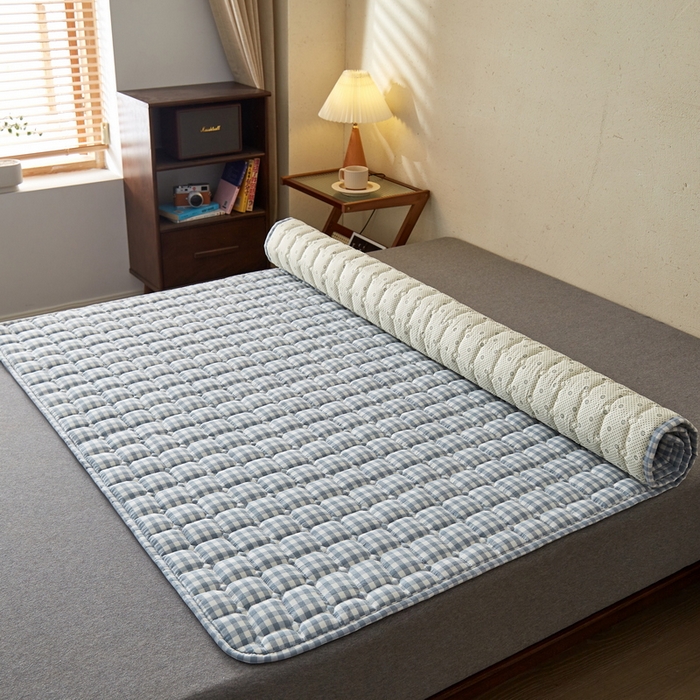 91家纺网 家纺一手货源 找家纺 祁恋婷 2024新款全棉水洗棉棉花床护垫 蓝小格