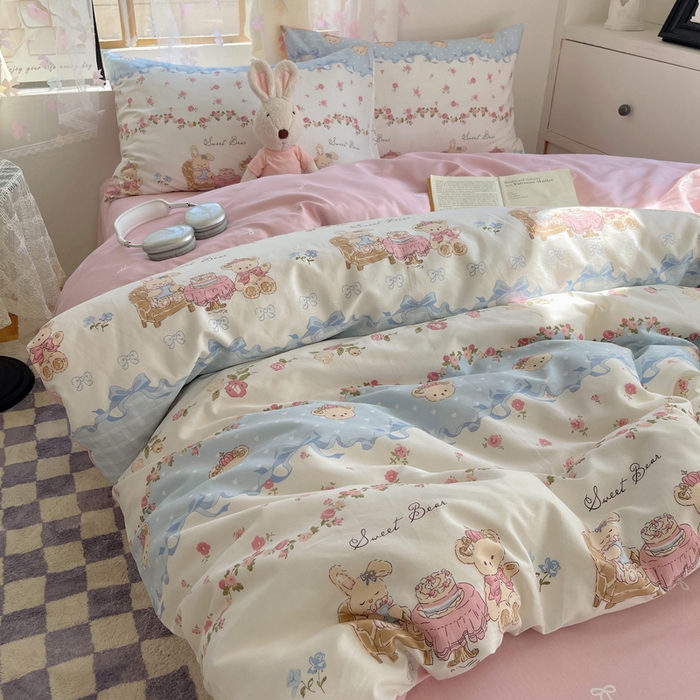 91家纺网 家纺一手货源 找家纺 六巷胡同 2024新款40支全棉纯棉INS洛丽塔卡通甜美少女心系列四件套 露西花园熊