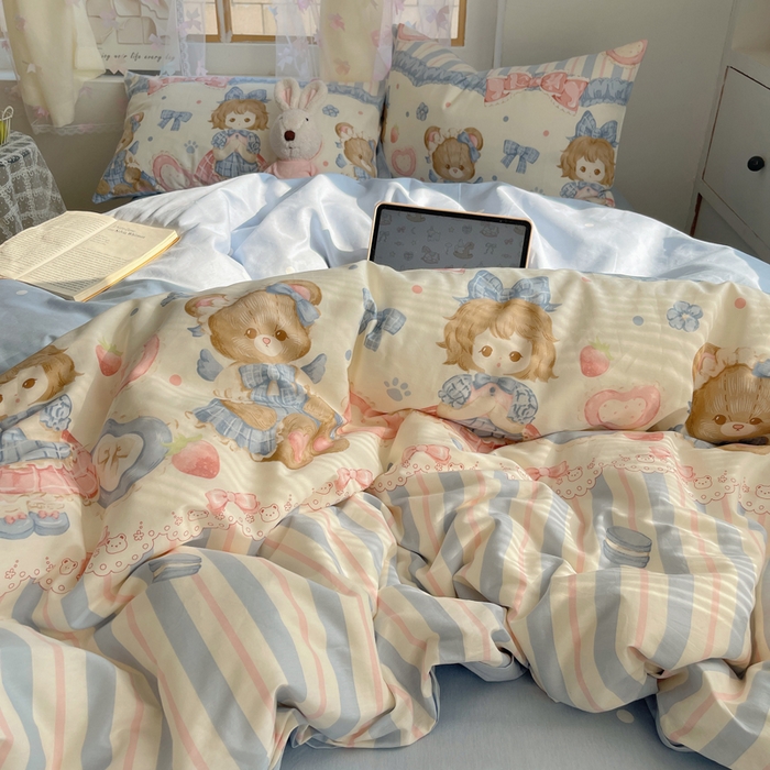 91家纺网 家纺一手货源 找家纺 六巷胡同 2024新款40支全棉纯棉INS洛丽塔卡通甜美少女心系列四件套 甜心公主熊