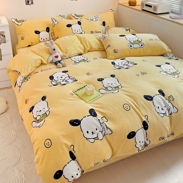 91家纺网 家纺一手货源 找家纺 西引力 2024新款加厚小清新牛奶绒四件套床单款床笠款单被套爆款 调皮狗黄