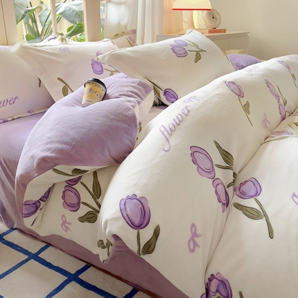 丝羽坊 2024新款加厚小清新牛奶绒印花四件套单被套床笠四件套-场景二 紫郁金香 