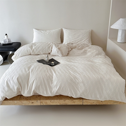 91家纺网 家纺一手货源 找家纺 山舍家居 2024新款菱形格全棉提花四件套 菱形格-奶油白