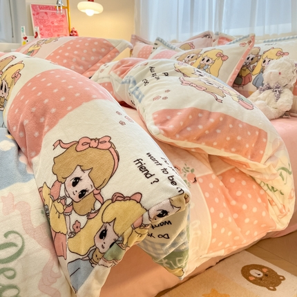 91家纺网 家纺一手货源 找家纺 （总）暮思家居 2024新款小清新卡通可爱风高克重220克牛奶绒四件套系列
