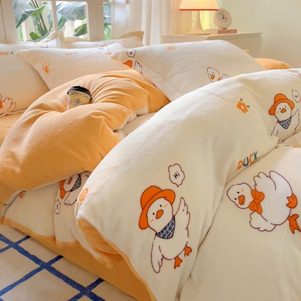 丝羽坊 2024新款加厚小清新牛奶绒印花四件套单被套床笠四件套-场景二 小黄鸭 