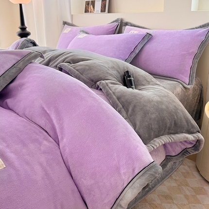 91家纺网 家纺一手货源 找家纺 喜梦缘 2025新款高克重牛奶绒双拼四件套 双拼色-香芋紫+高级灰