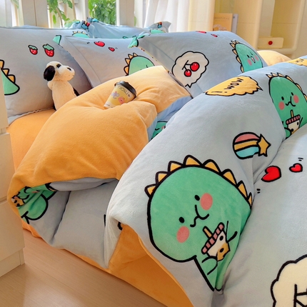丝羽坊 2024新款加厚小清新牛奶绒印花四件套单被套床笠四件套-场景二 小恐龙