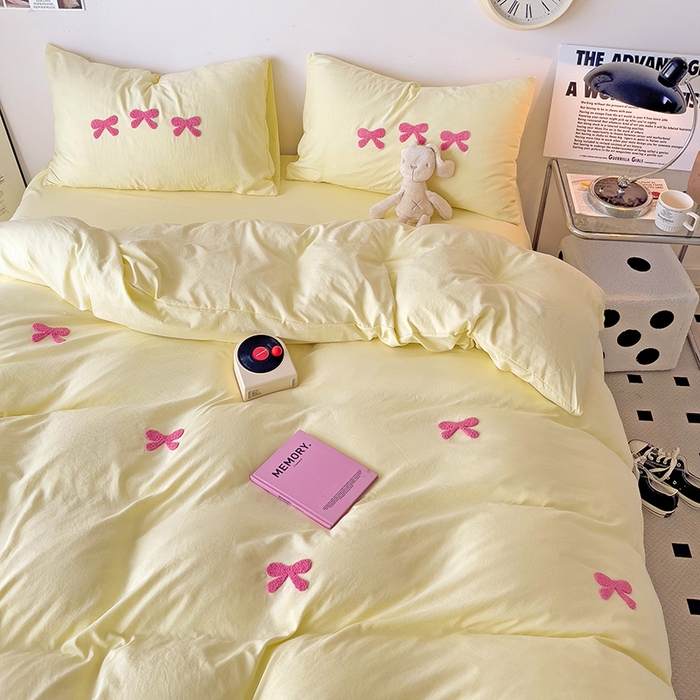 91家纺网 家纺一手货源 找家纺 森璐家纺 2024新款1水洗棉毛巾绣四件套蝴蝶结学生宿舍三件套（含买家秀） 蝴蝶结-黄玫