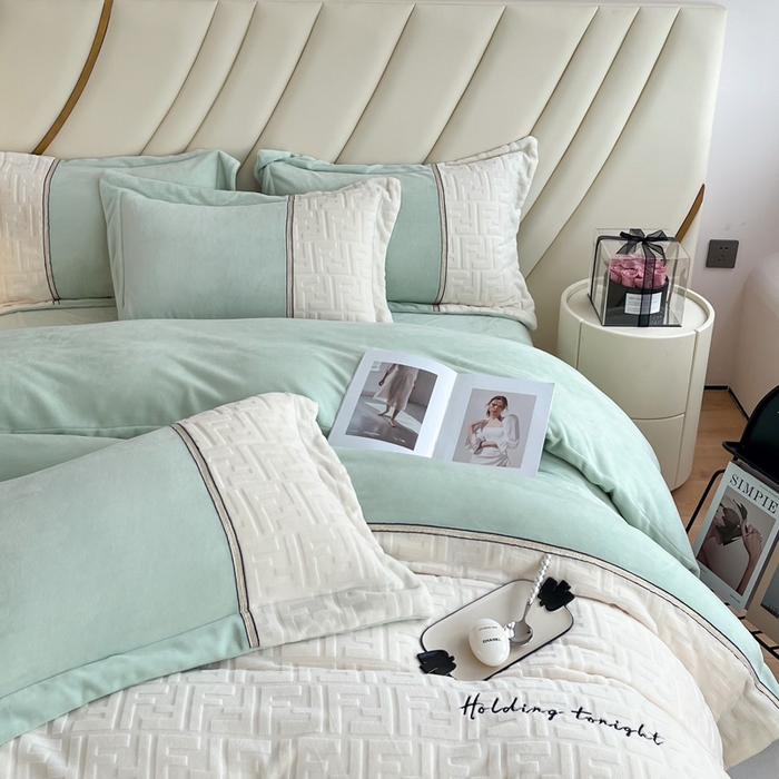 91家纺网 家纺一手货源 找家纺 2024秋冬新款时尚宽边立体剪花刺绣加厚牛奶绒四件套-赫莲娜系列 赫莲娜嫩绿